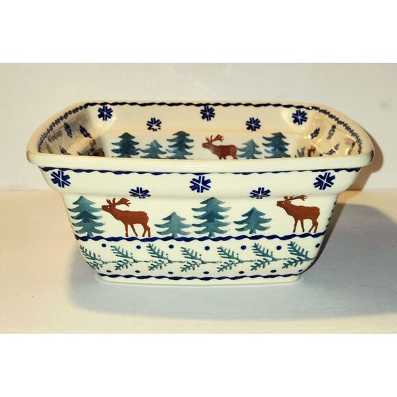 Boleslawiec Polish Pottery Square Baker Serving Bowl Snowflake Reindeer Tree 7.5 - Picture 1 of 8